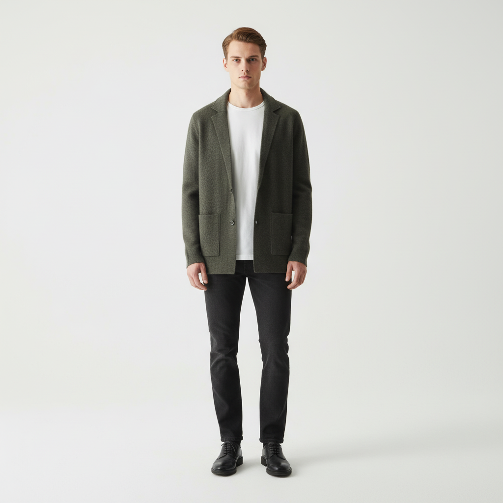 Men's lightweight natural wool vest, Elias, with distinctive shawl collar, displayed on a mannequin, front angle