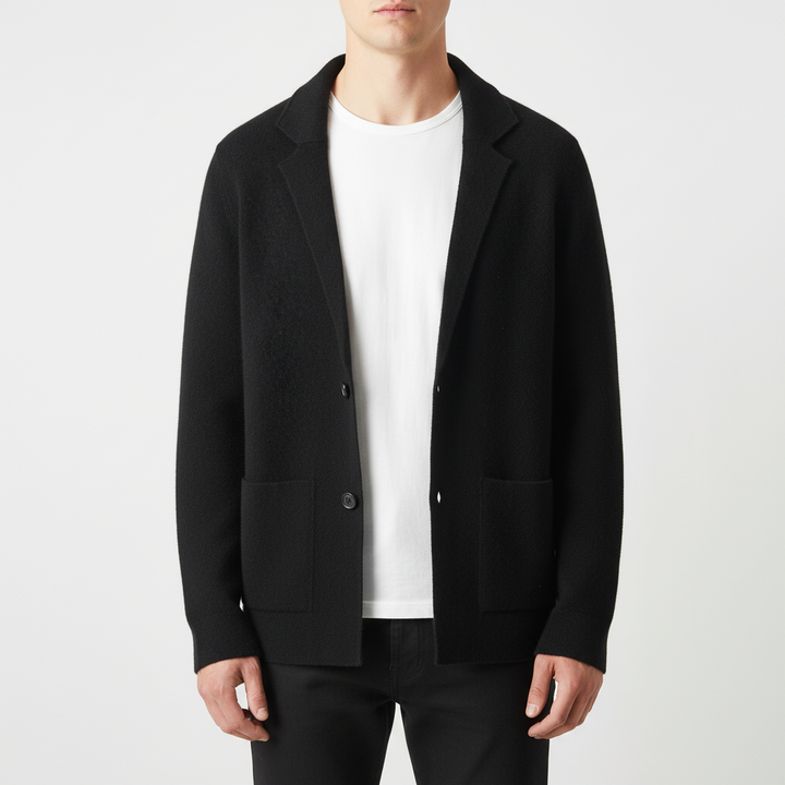 Detail of the shawl collar on a men's stylish wool gilet vest, highlighting the craftsmanship and comfortable design