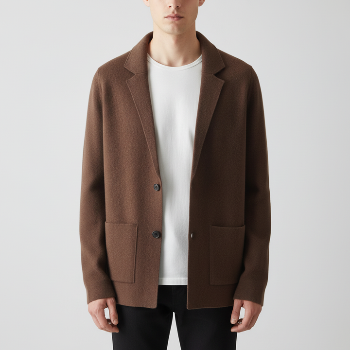 Front and side view of men's lightweight wool gilet vest with shawl collar, versatile for autumn and winter layering