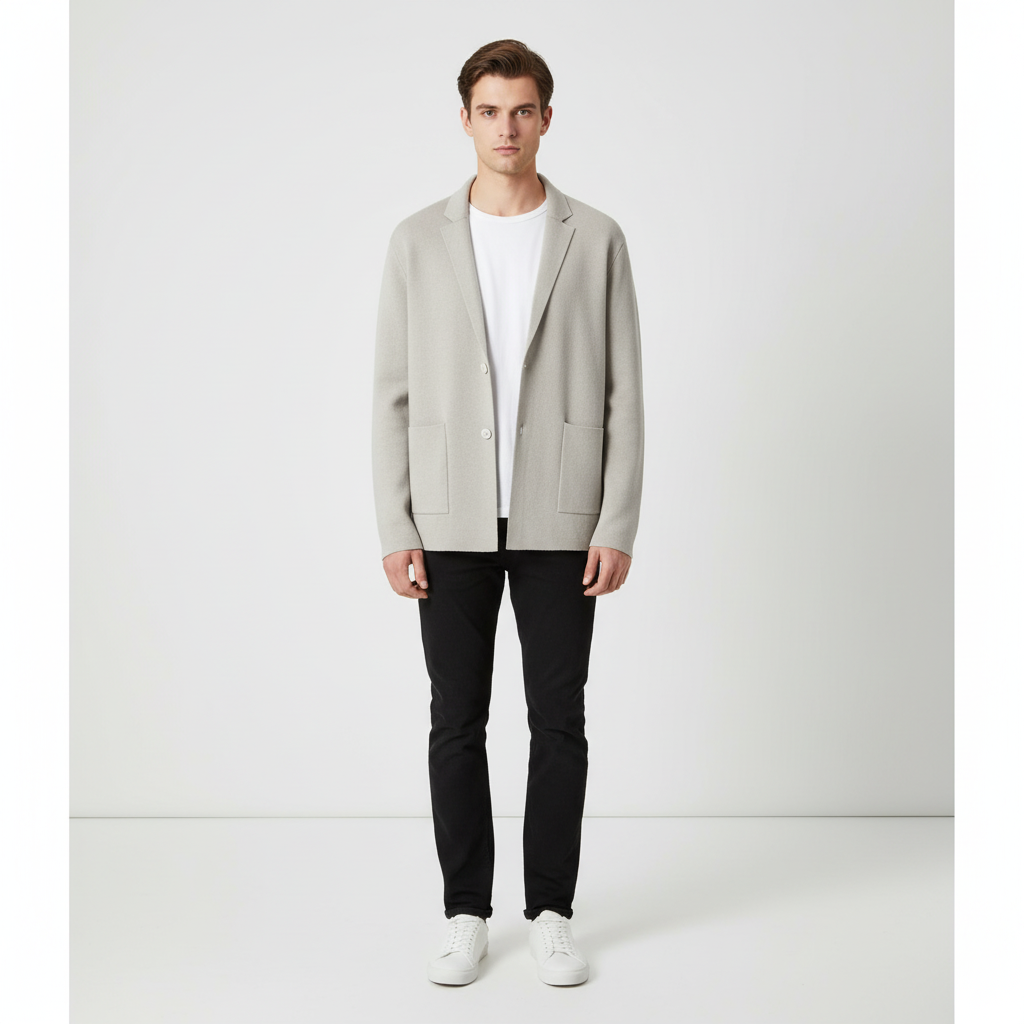 High-angle shot of men's wool gilet vest, Elias, featuring its classic shawl collar and premium natural wool material