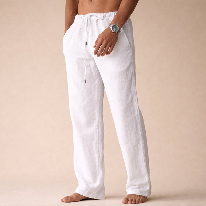 Men's linen drawstring relaxed fit pants, perfect for casual summer comfort & everyday style.