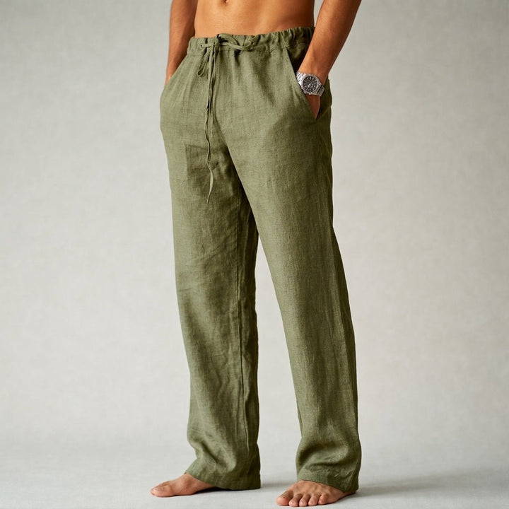 Casual men's linen drawstring pants for summer fashion, beachwear, vacation, or travel.
