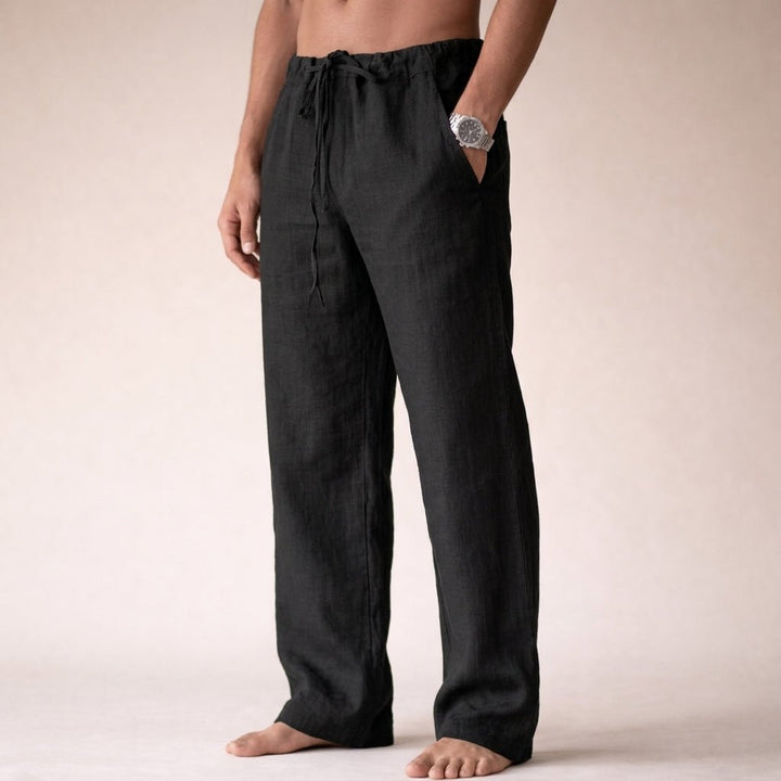 Versatile men's drawstring linen trousers, ideal for everyday casual wear, travel, or beach.