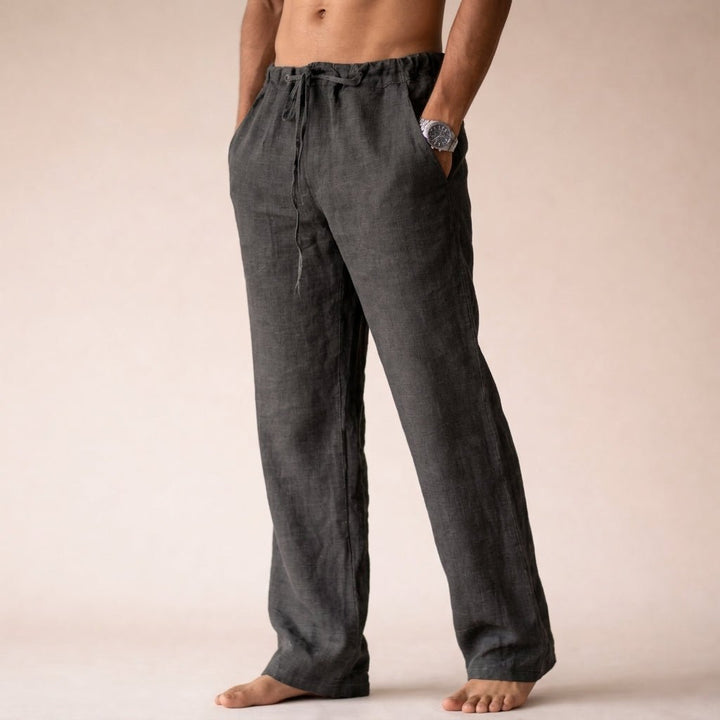 Comfortable men's drawstring relaxed fit linen pants, perfect casual trousers for summer & travel.