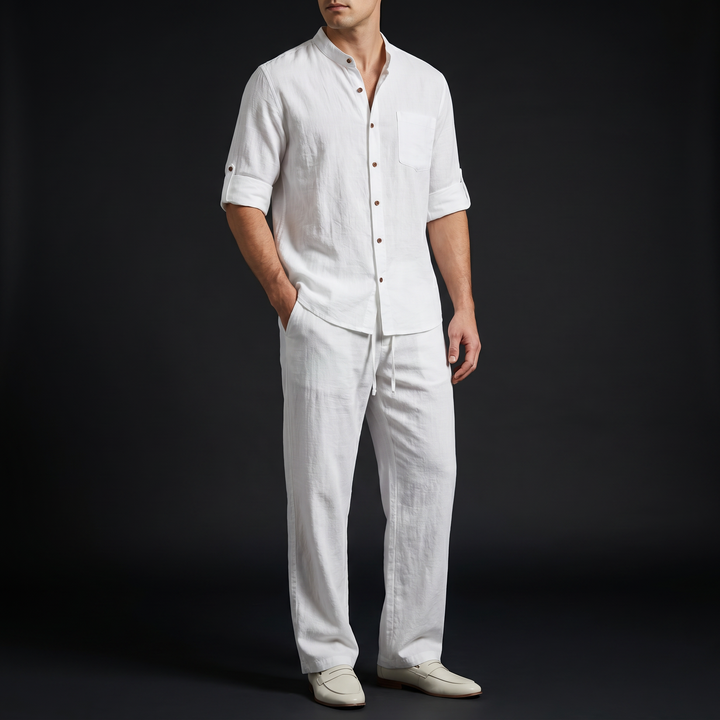 Men's linen mandarin collar shirt and drawstring pants set for casual summer wear.