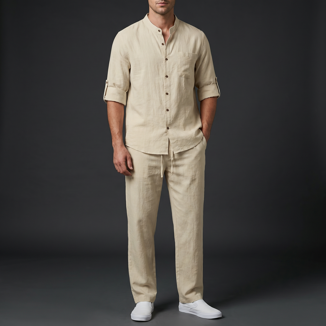 Stylish men's linen resort wear set featuring mandarin collar shirt and drawstring pants.