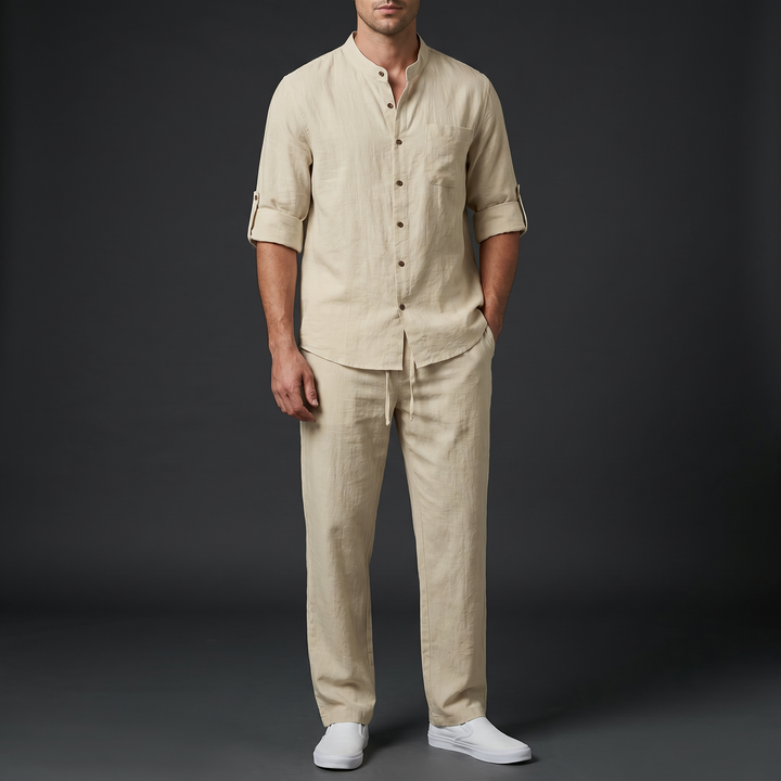 Stylish men's linen resort wear set featuring mandarin collar shirt and drawstring pants.