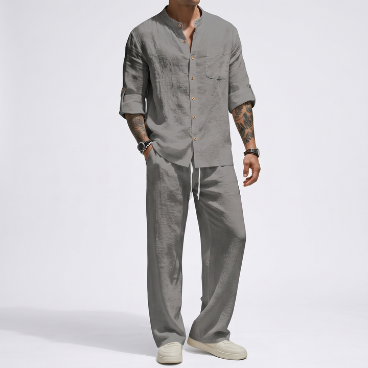 Men's linen shirt with mandarin collar & matching drawstring pants, ideal for summer.