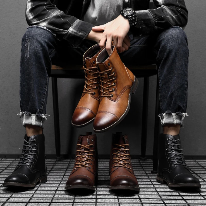 Front view of Men's Lisbon Classic black lace-up ankle boots, perfect men's footwear for classic style & comfort.