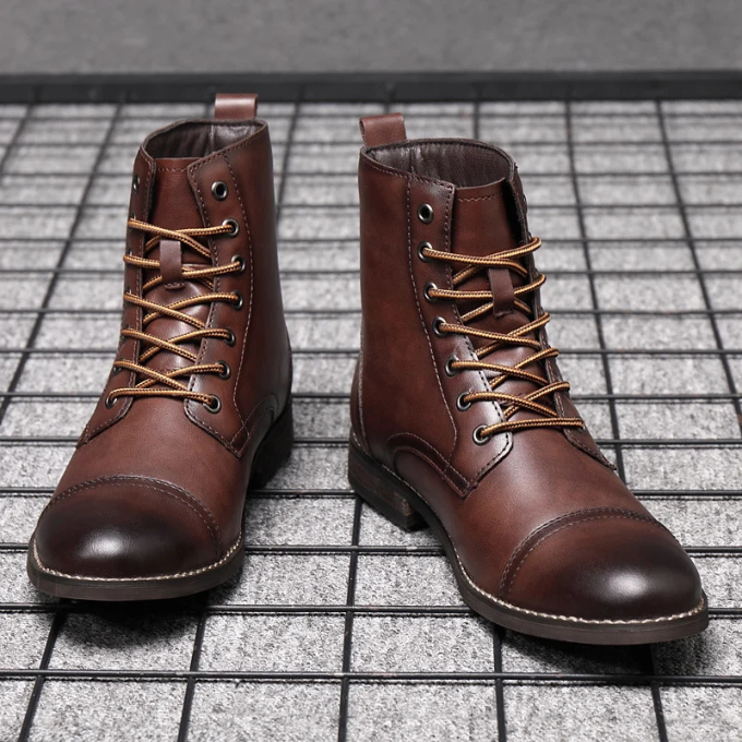 Elegant men's Lisbon Classic dark brown dress boots, featuring lace-up design & durable construction. Men's footwear.