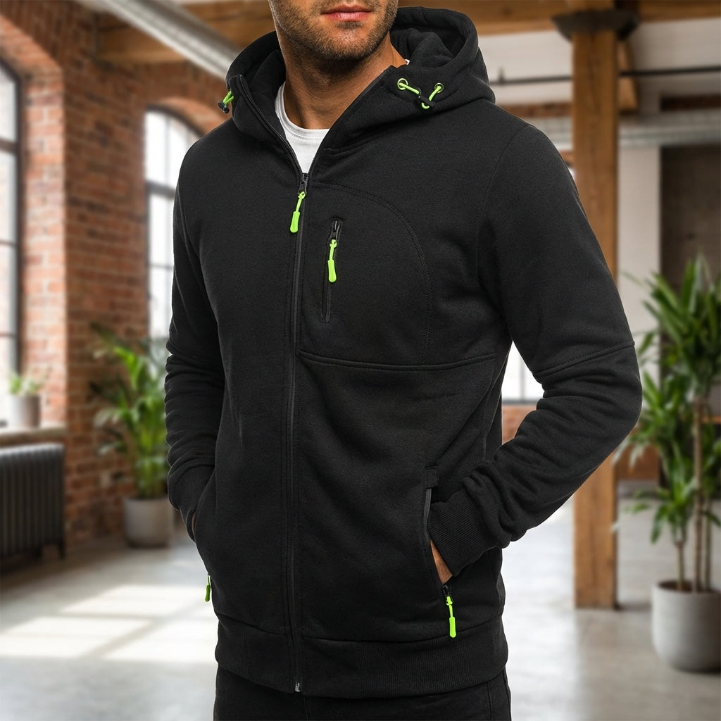 Men's Logan fleece-lined full-zip hoodie jacket in black, perfect for warm casual wear.