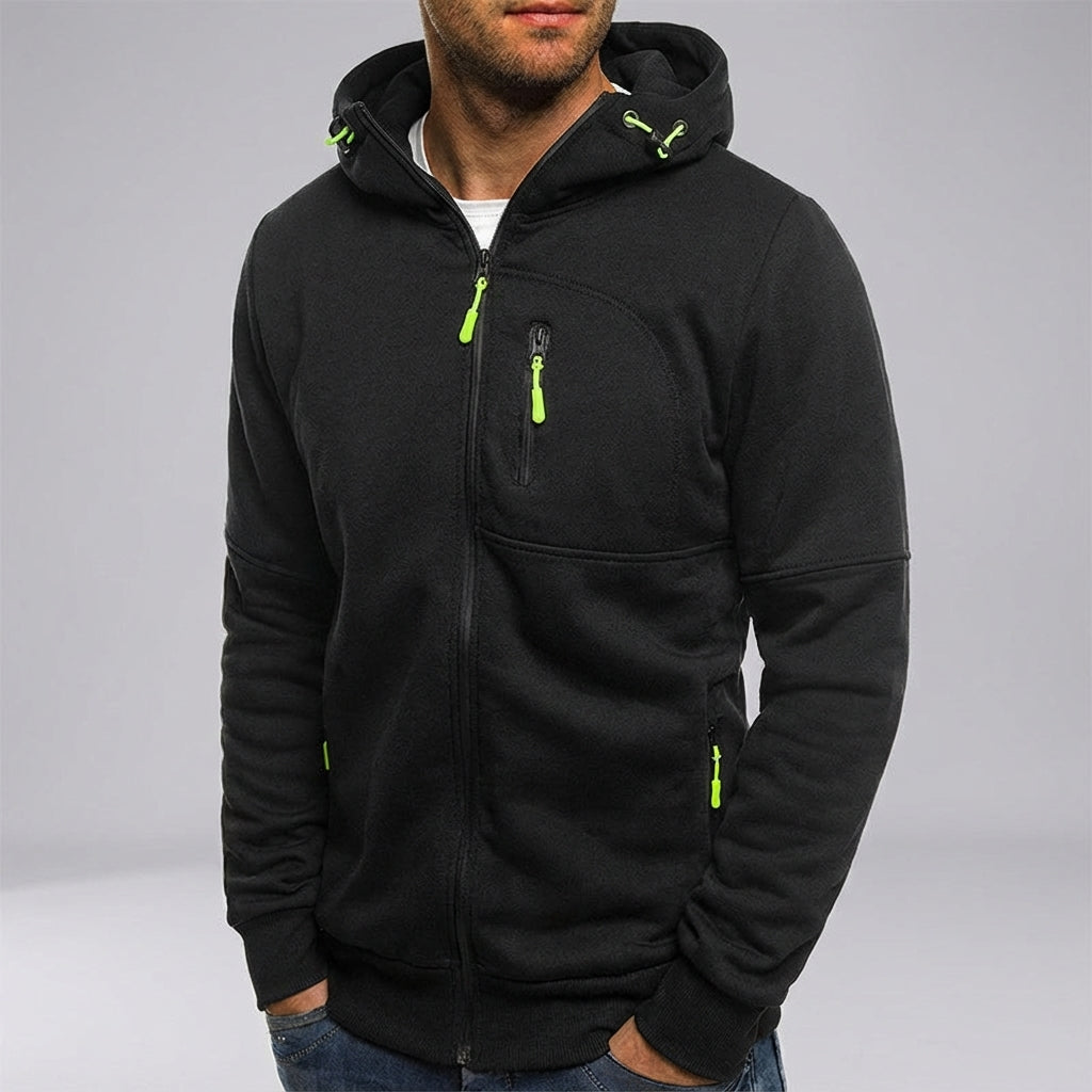 Warm men's full-zip fleece hoodie, ideal activewear outerwear for winter activities.