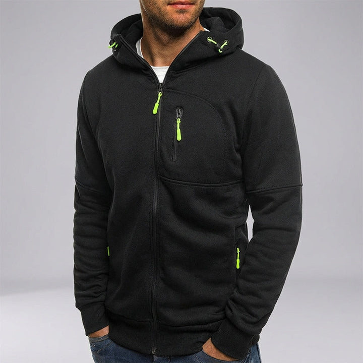 Warm men's full-zip fleece hoodie, ideal activewear outerwear for winter activities.