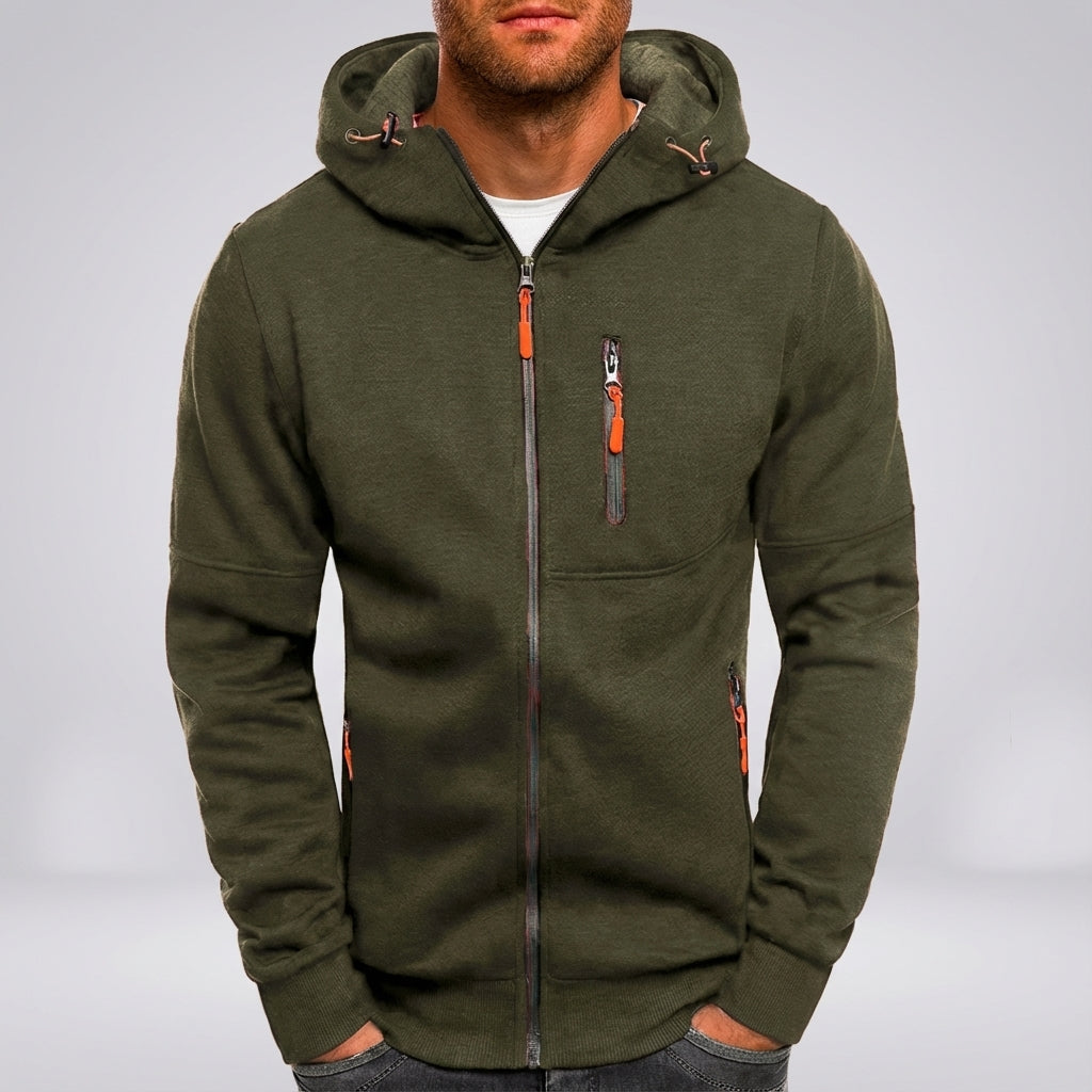 Dark grey men's fleece-lined hoodie, a versatile full-zip activewear jacket.