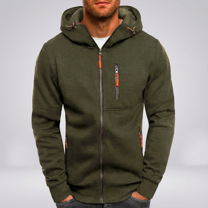 Dark grey men's fleece-lined hoodie, a versatile full-zip activewear jacket.