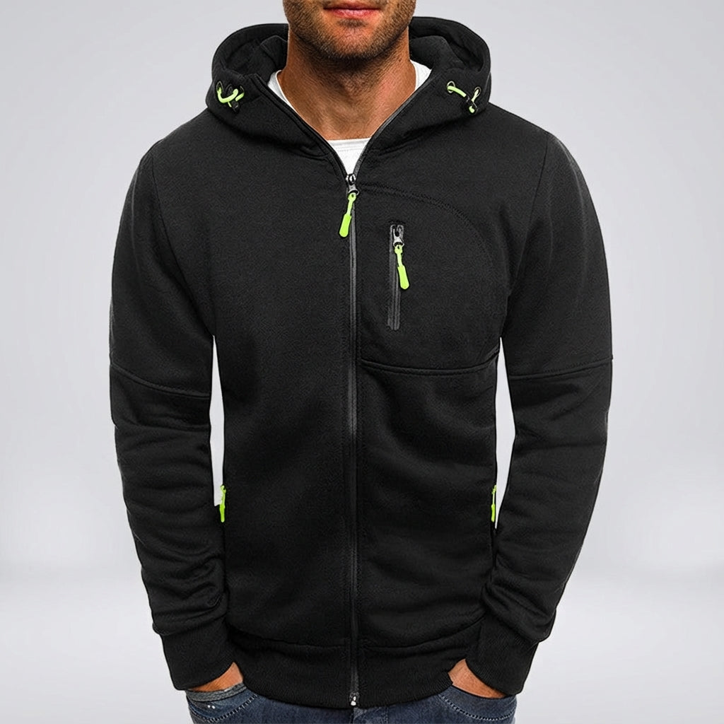 Stylish men's winter jacket: full-zip fleece-lined hoodie, great for outdoors.