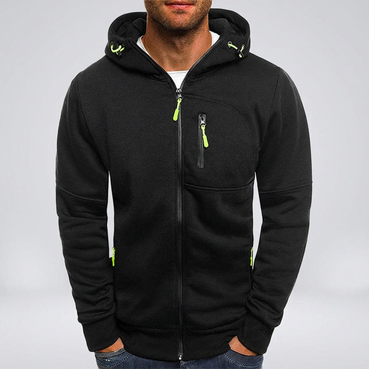 Stylish men's winter jacket: full-zip fleece-lined hoodie, great for outdoors.