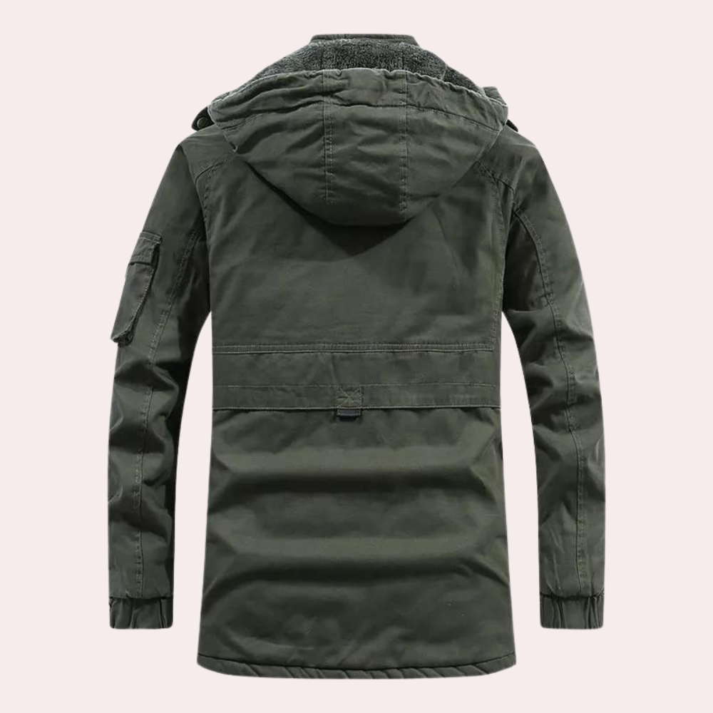 Durable men's Logan winter coat, padded design with a warm hood, offering comfort fit for cold weather.