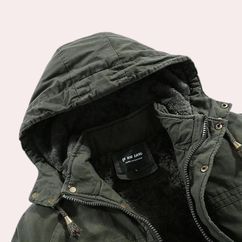 Men's Logan winter coat, a padded jacket featuring a warm hood, essential for harsh cold weather protection.
