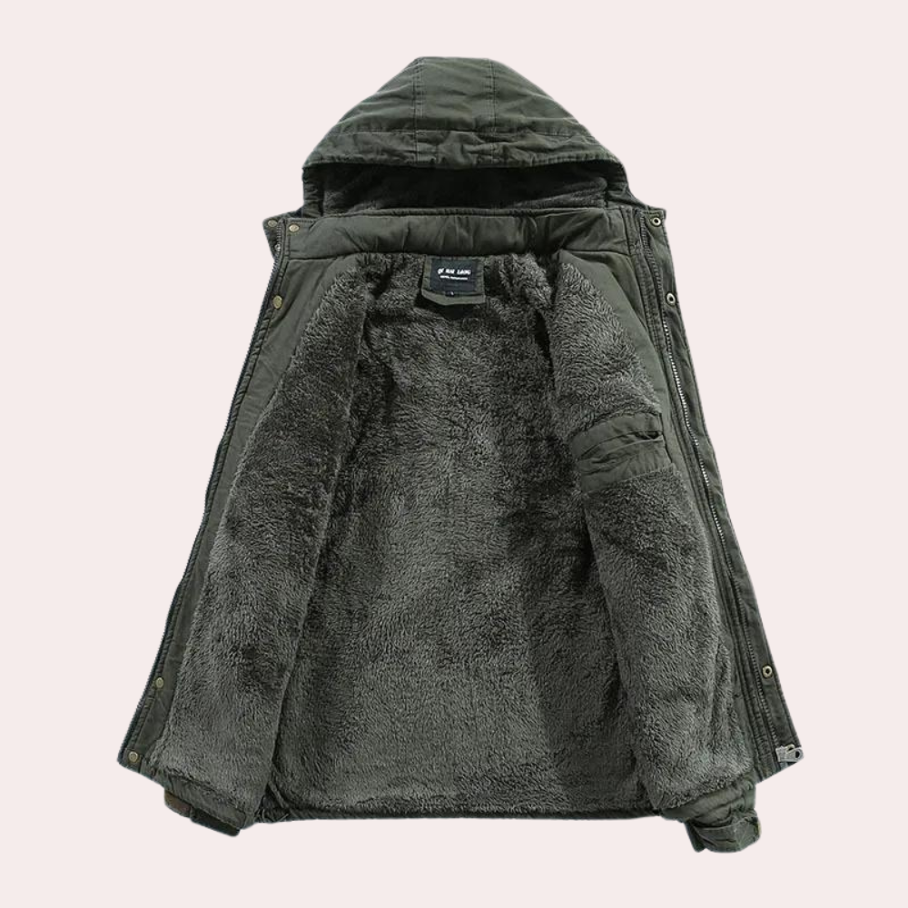 Warm men's Logan padded jacket with a hood, a durable winter coat for men's fashion & cold weather comfort.