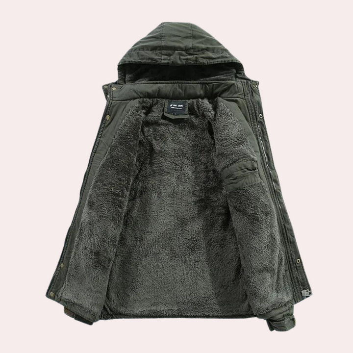 Warm men's Logan padded jacket with a hood, a durable winter coat for men's fashion & cold weather comfort.