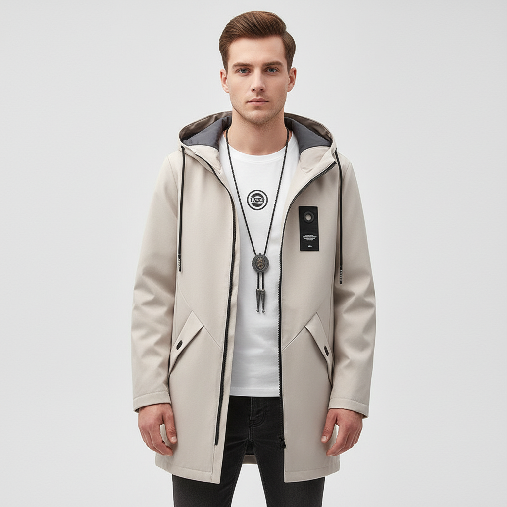 Warm men's hooded jacket, Tom style, dark gray, suitable for autumn and winter outerwear, casual fashion.