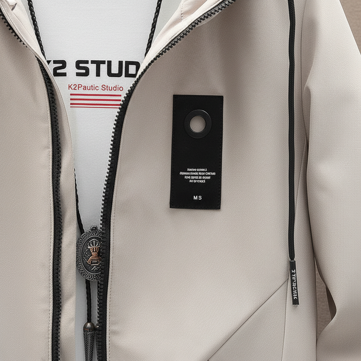 Close-up of a men's long winter coat, hood detail and sturdy fabric, perfect for warmth and style.