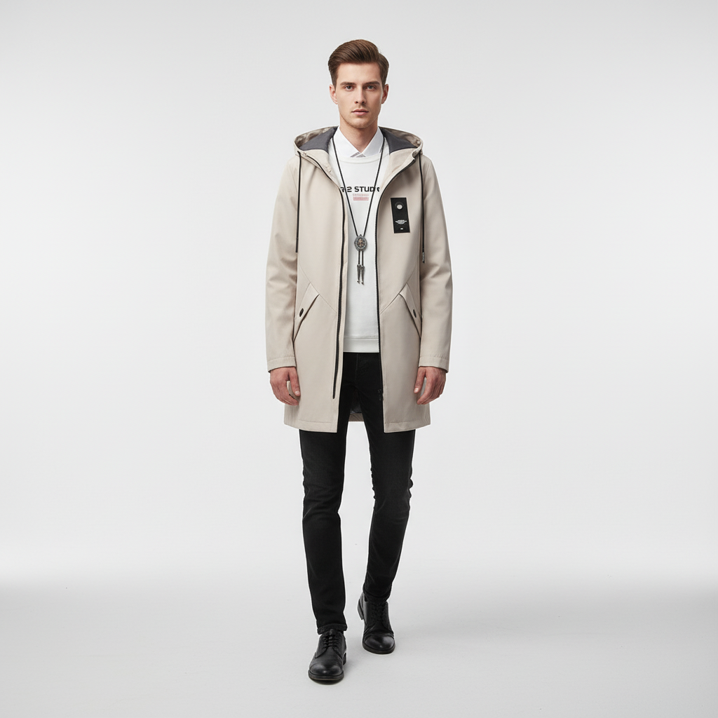 Side profile of a men's casual hooded jacket with large pockets, ideal for cold weather and everyday wear.