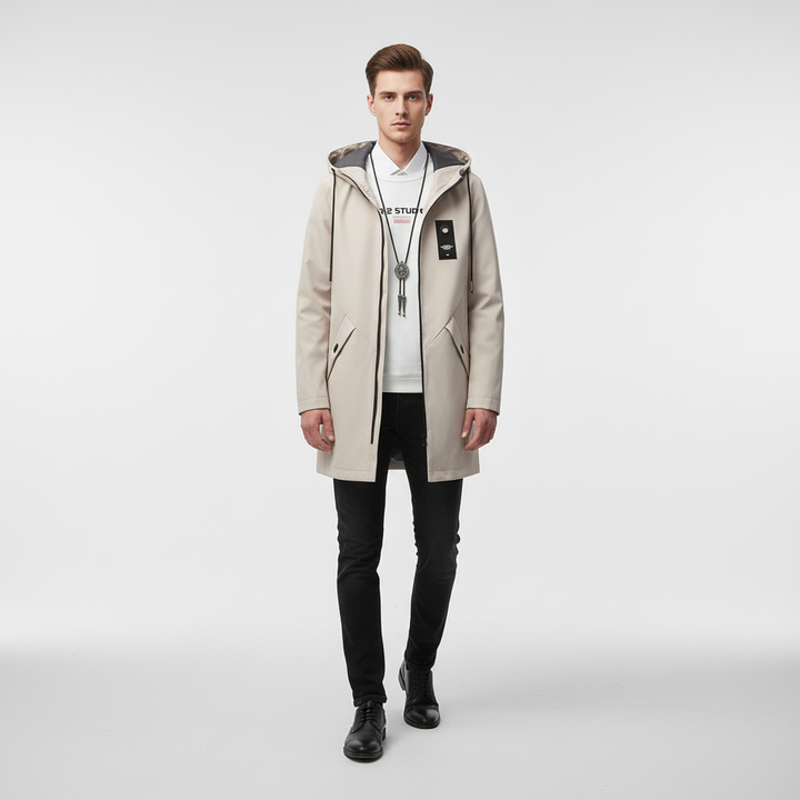 Side profile of a men's casual hooded jacket with large pockets, ideal for cold weather and everyday wear.