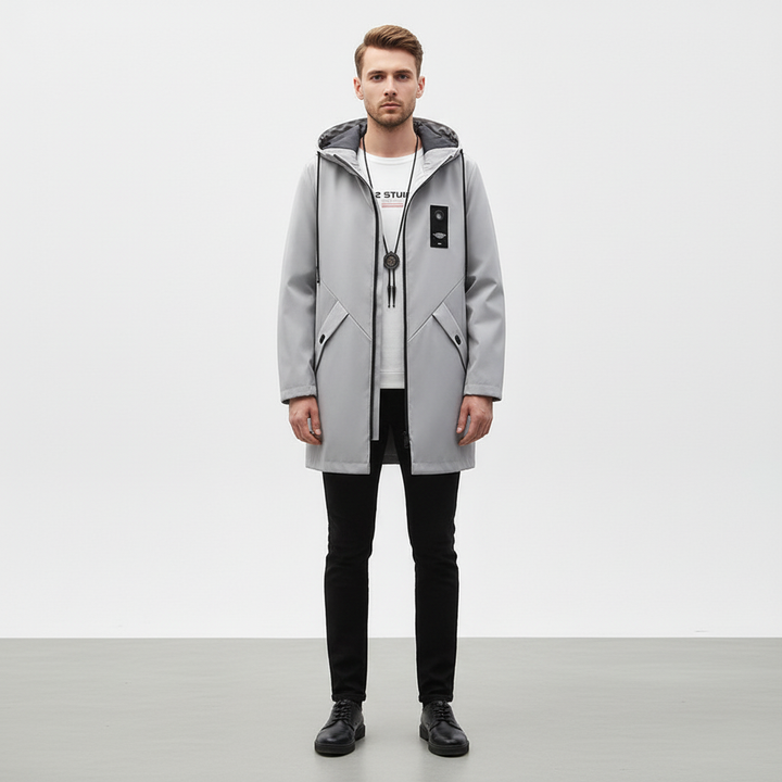 Men's long hooded jacket, stylish and practical for winter, showcasing its full length and comfortable design.