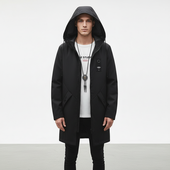 Back view of a men's warm black hooded winter jacket, emphasizing its length and durable construction.