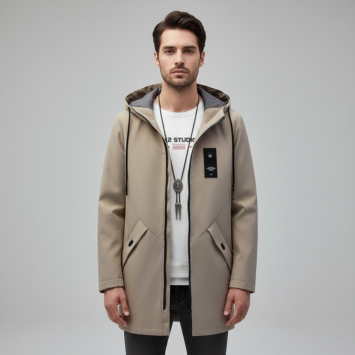 Fashionable men's autumn jacket with hood and pockets, Tom model, designed for comfort and all-weather use.