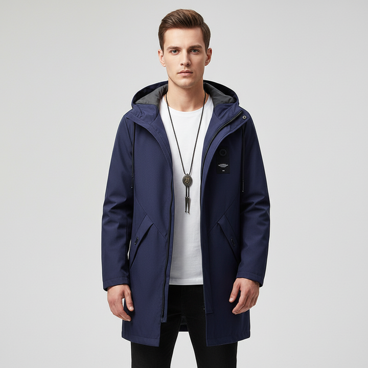 Detail shot of the pocket and zipper on a men's long hooded winter jacket, highlighting quality and utility.