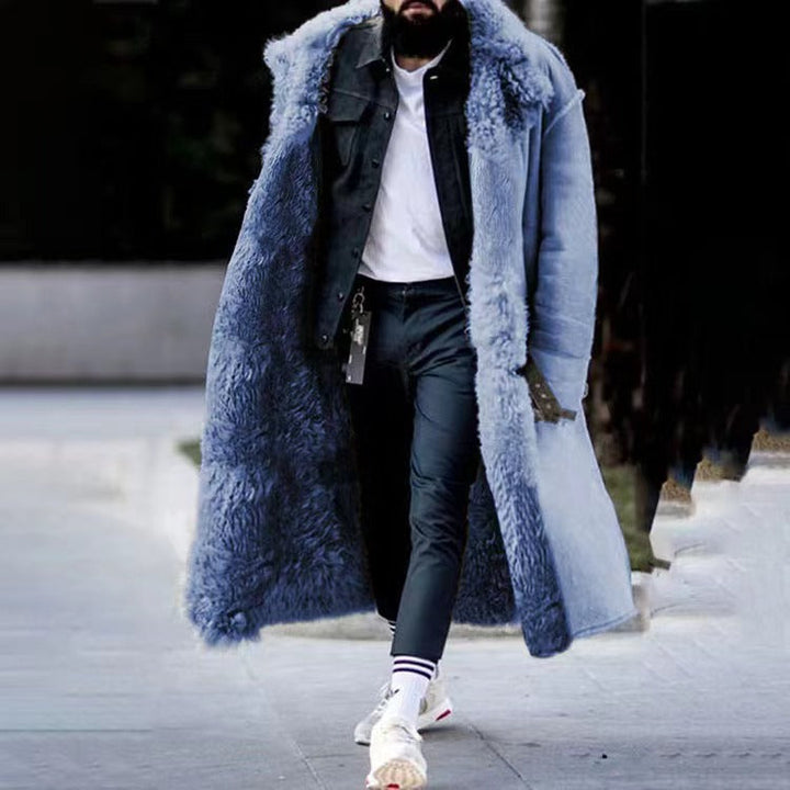 Warm men's long blue winter coat. Stylish luxury jacket for cold weather, essential men's outerwear.