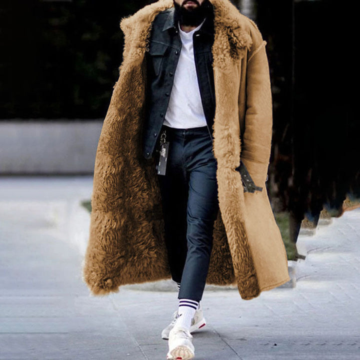 Stylish men's long khaki winter coat. Luxurious and warm outerwear jacket for cold weather fashion.