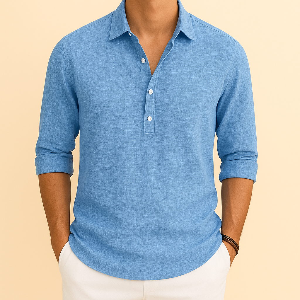 Men's long sleeve button neck polo shirt, relaxed fit, perfect for casual transitional wear.