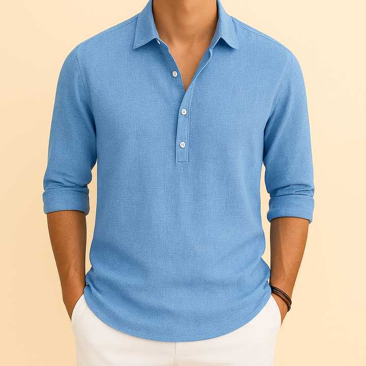 Men's long sleeve button neck polo shirt, relaxed fit, perfect for casual transitional wear.