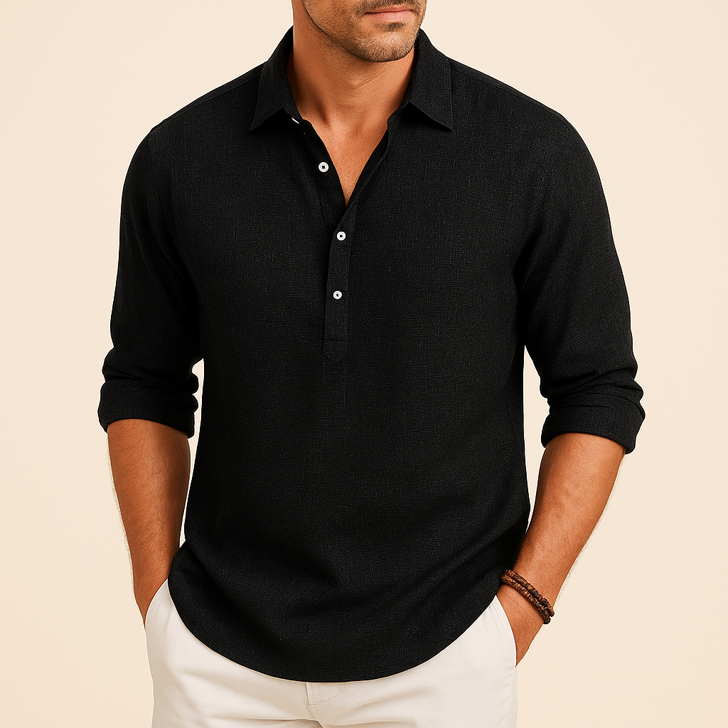 Stylish men's relaxed fit long sleeve polo with button neck, ideal for spring fashion or autumn style.
