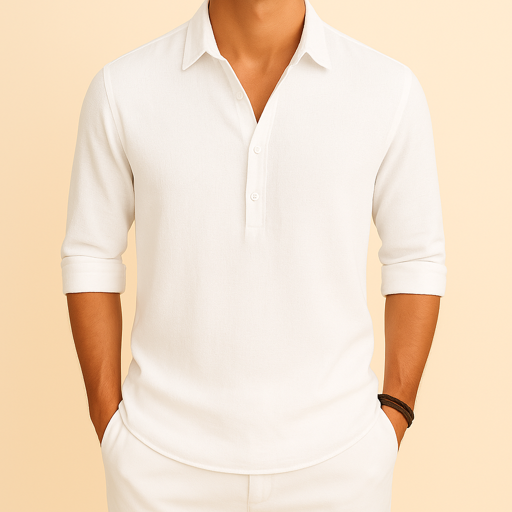 Comfortable men's relaxed fit long sleeve button neck polo, a versatile casual shirt for all seasons.