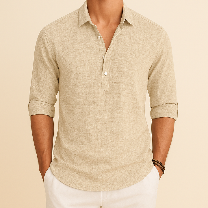 Close-up of men's long sleeve polo shirt, button neck detail, relaxed fit for everyday casual wear.