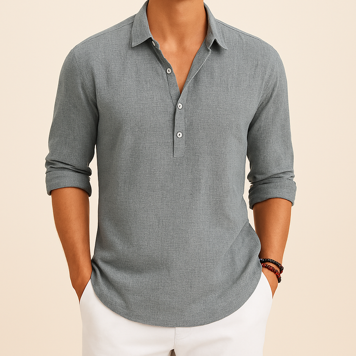 Soft-feel men's relaxed fit long sleeve button neck polo shirt, a staple in modern mens fashion.
