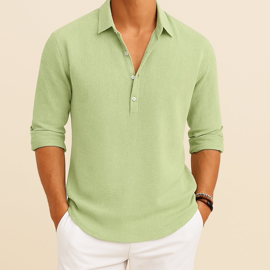 Everyday men's long sleeve button neck polo, relaxed fit, great for smart casual or weekend wear.