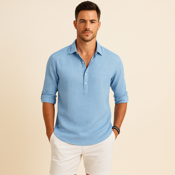 Modern men's long sleeve button neck polo shirt, relaxed fit, a versatile top for any mens wardrobe.