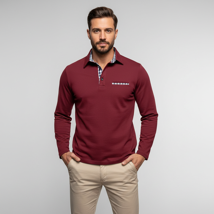 Close-up of the cotton blend fabric on a men's long sleeve Walter polo shirt
