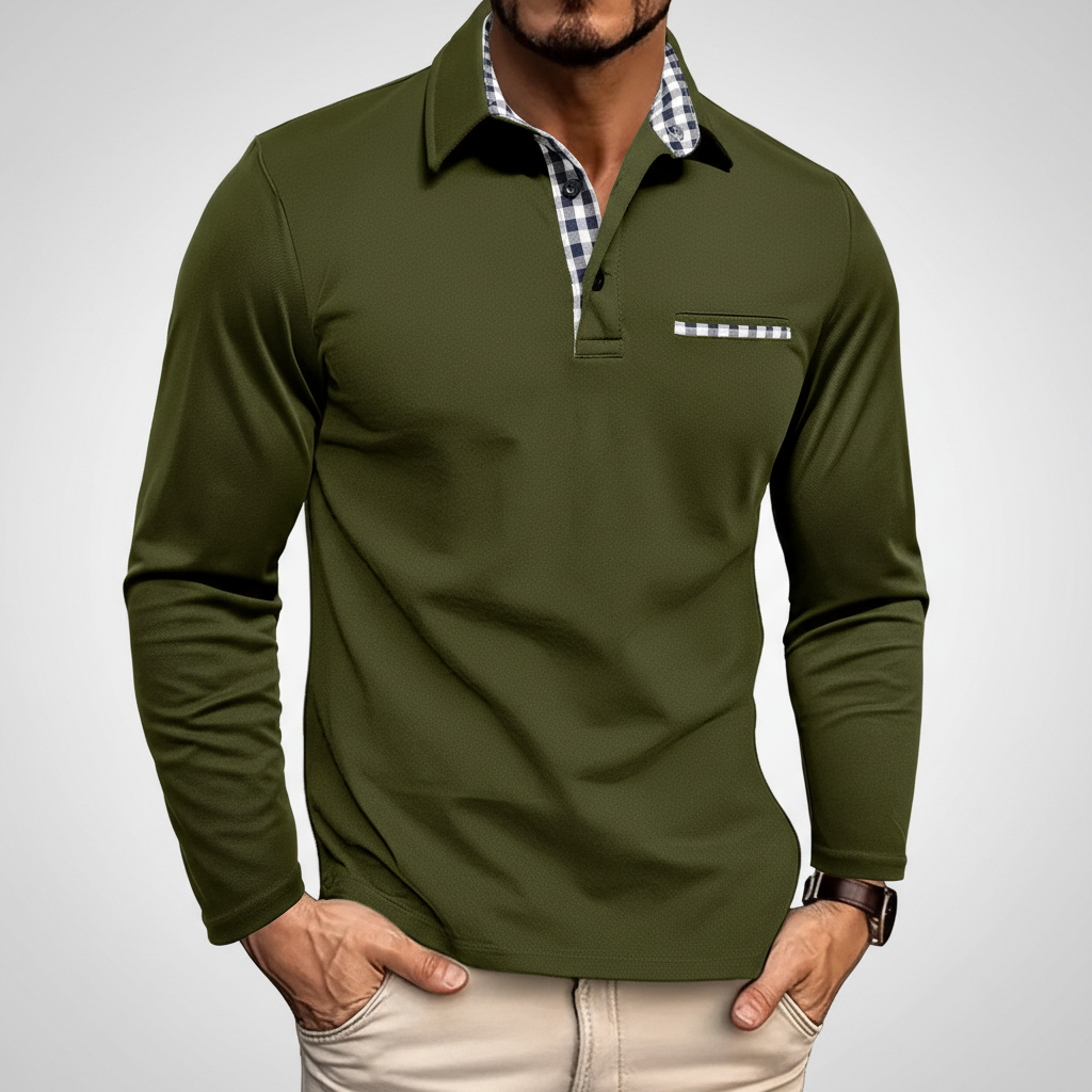 Model wearing a men's long sleeve cotton blend polo shirt, showcasing its comfortable style