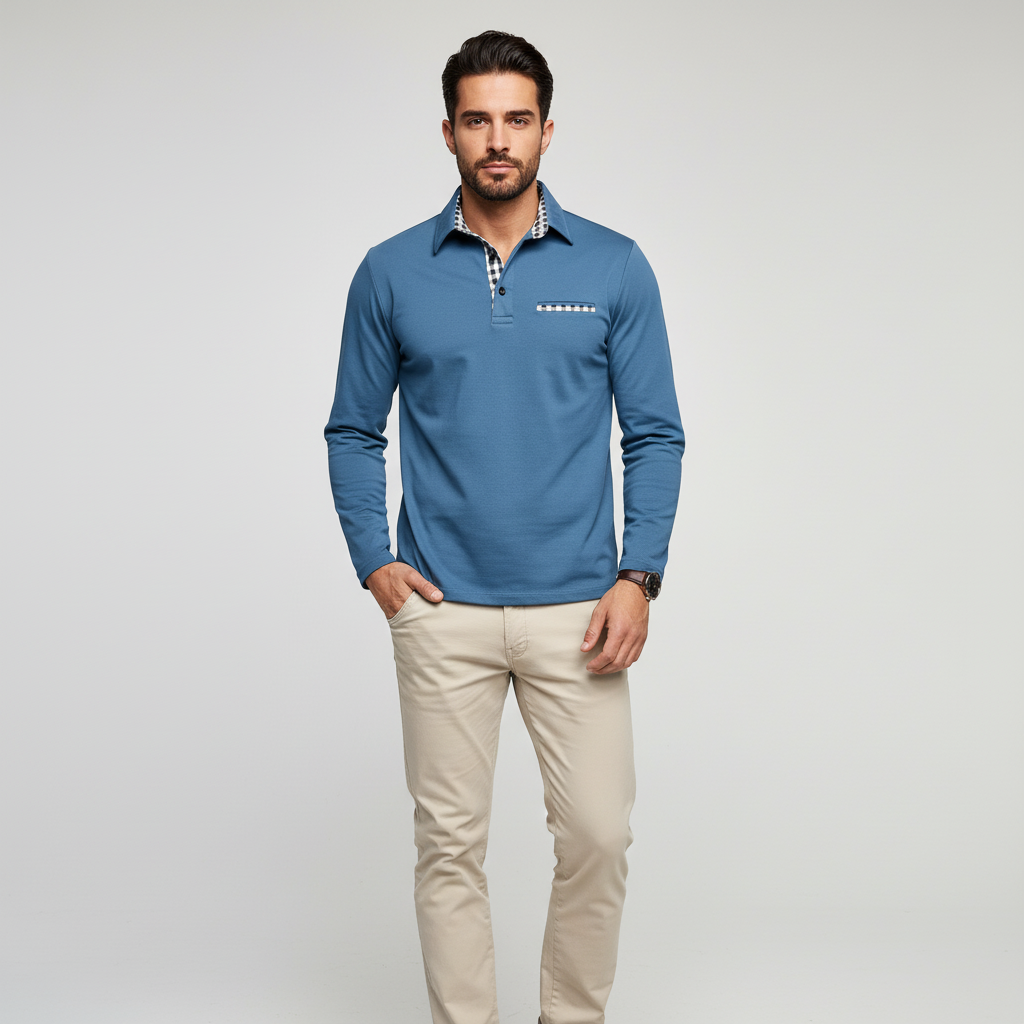 Detail of the collar and buttons on a men's long sleeve Walter polo, smart casual top