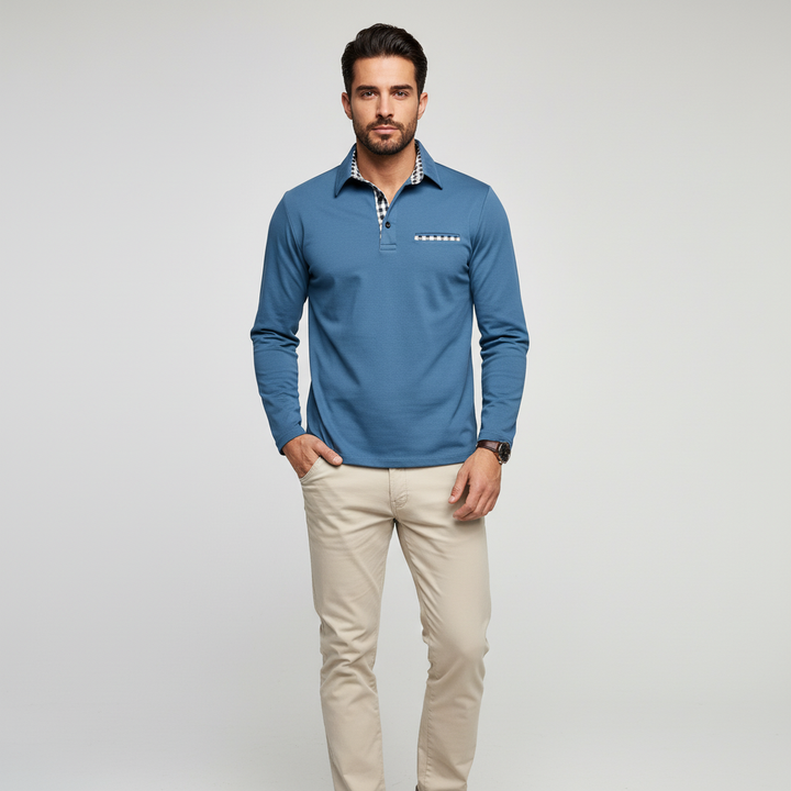 Detail of the collar and buttons on a men's long sleeve Walter polo, smart casual top