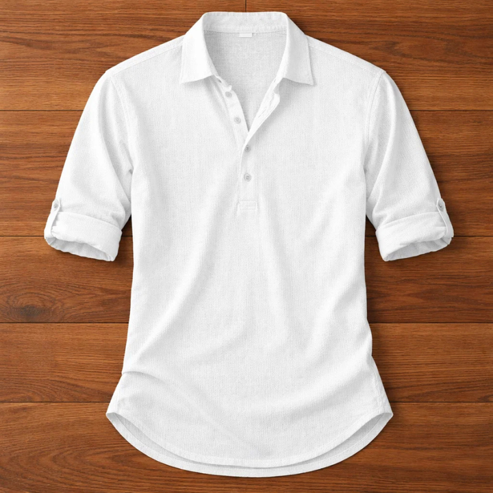 Men's casual henley shirt, featuring button placket; a stylish and comfortable long-sleeve top for everyday.
