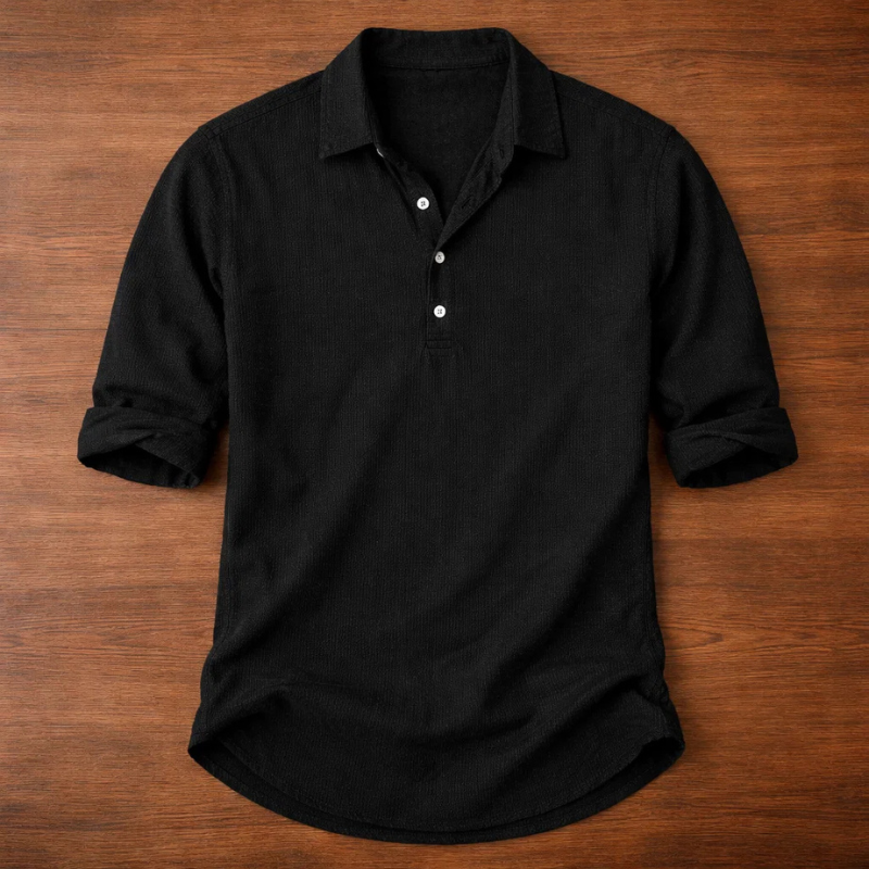 Everyday men's long-sleeve henley shirt, offering a comfortable tailored fit for a stylish casual look.