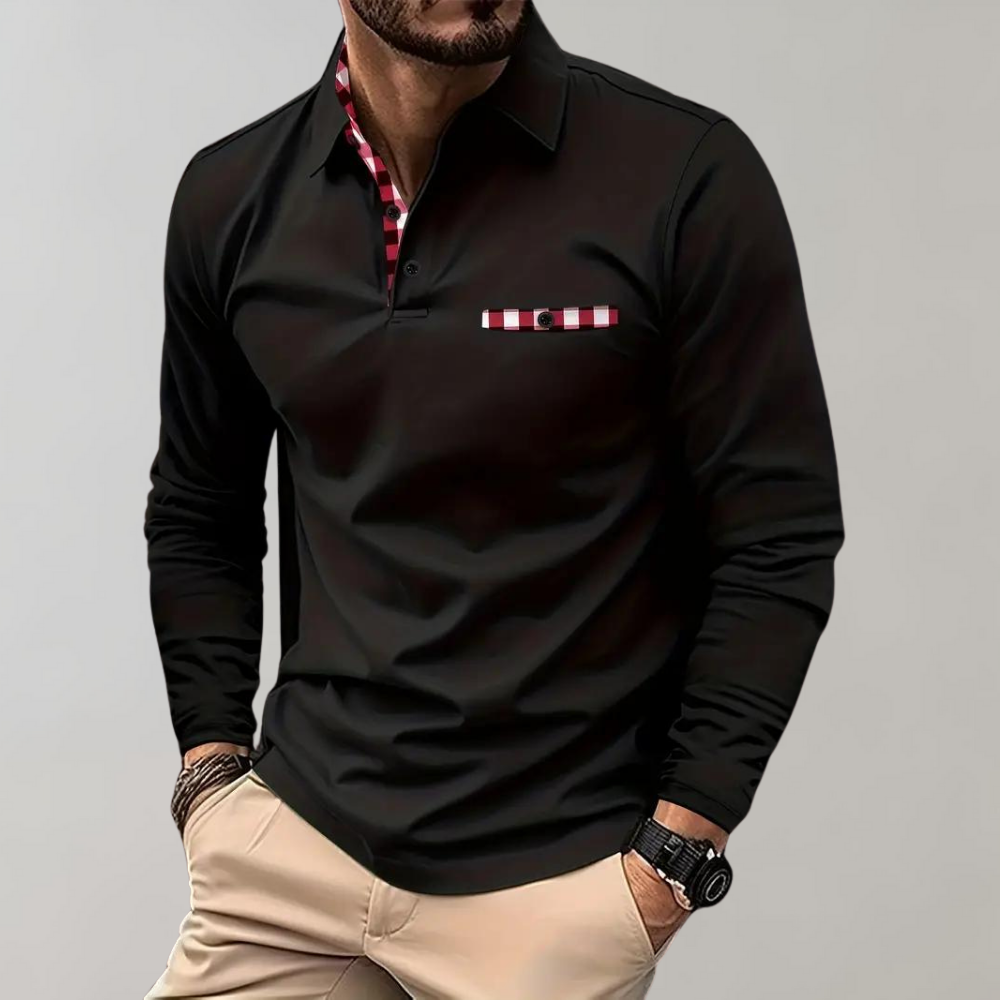 Men's long sleeve polo shirt for versatile comfort; classic smart casual everyday wear.